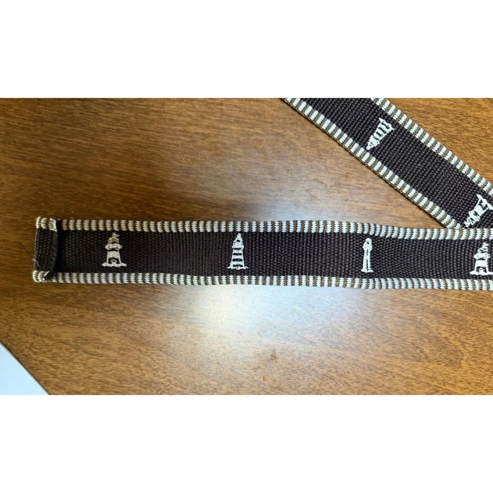 Nautical Lighthouse Webbing Belt Brown White D-Ring Slider Buckle Preppy